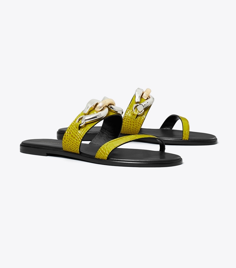 Tory Burch designer sandals Jessa Two-Strap Sandal in GREEN TOMATO angle