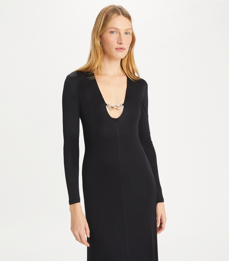 Tory Burch designer kleider Jessa Viskosekleid mit tiefem U-Ausschnitt in Black front