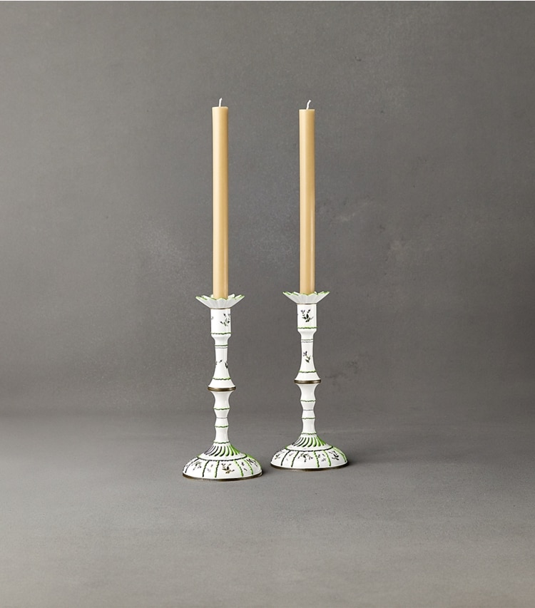 Tory Burch designer tabletop & drinkware Jolie Fleur Candlesticks, Set Of 2 in NEW IVORY editorial