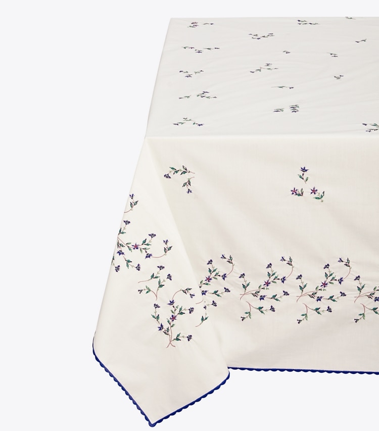 Tory Burch designer linens Jolie Fleur Embroidered Square Tablecloth in NEW IVORY detail