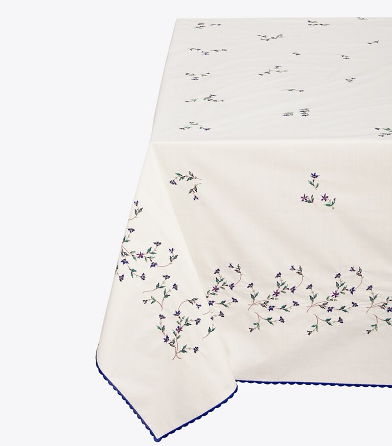 Tory Burch designer linens Jolie Fleur Embroidered Square Tablecloth in NEW IVORY front