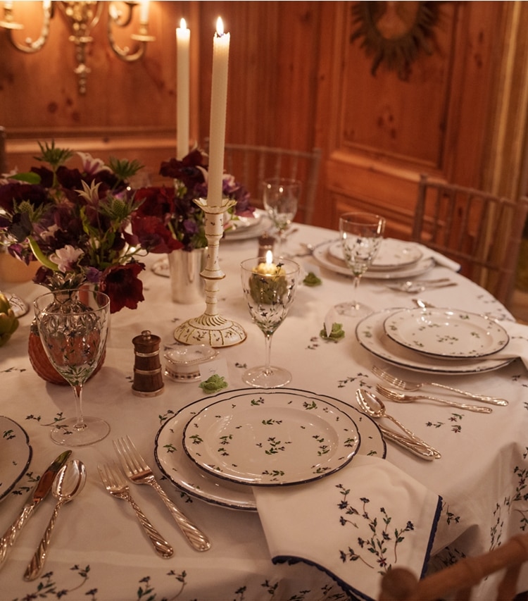 Tory Burch designer linens Jolie Fleur Round Tablecloth, 108" in NEW IVORY editorial