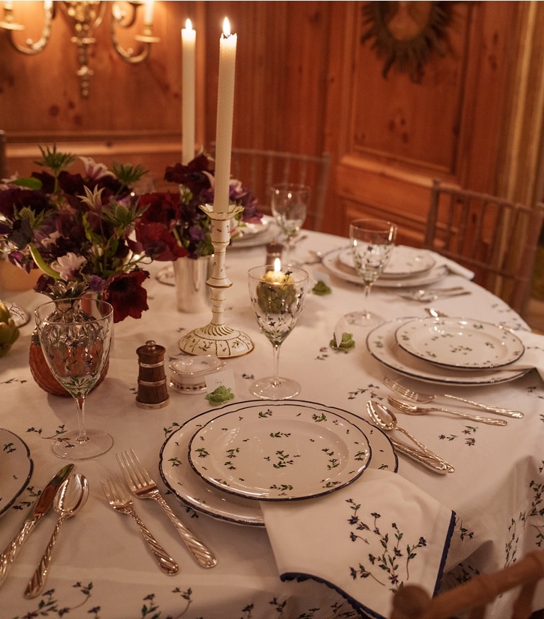 Tory Burch designer linens Jolie Fleur Round Tablecloth, 108" in NEW IVORY front
