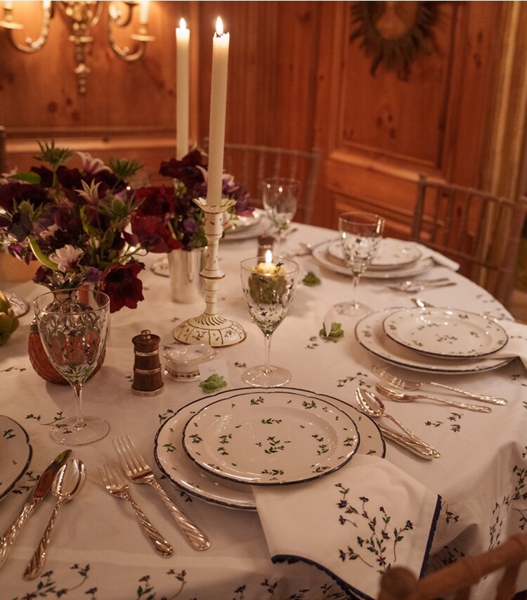 Tory Burch designer linens Jolie Fleur Round Tablecloth, 120" in NEW IVORY editorial