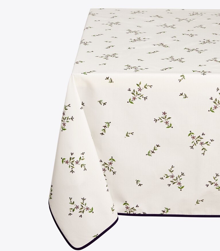 Tory Burch designer linens Jolie Fleur Tablecloth, 126" x 70"  in NEW IVORY detail