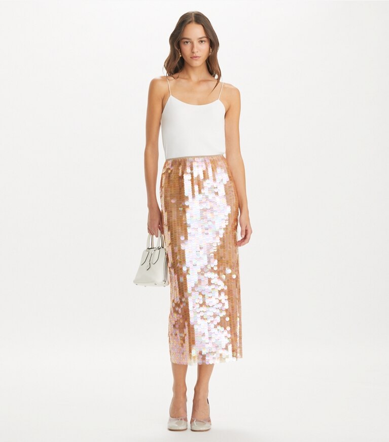 Tory Burch designer bas Jupe à sequins in Mocha Mesh front