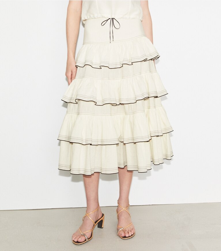 Tory Burch designer bas Jupe à volants en coton dans Biscuit détail sur modèle
