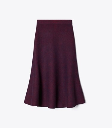 Tory Burch designer bas Jupe évasée en laine dans Red Begonia / Evening Blue de face