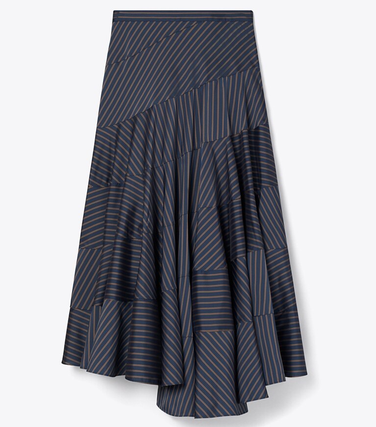 Tory Burch designer bas Jupe évasée en viscose dans Navy/Yellow/Red Menswear Stripe Lining de face