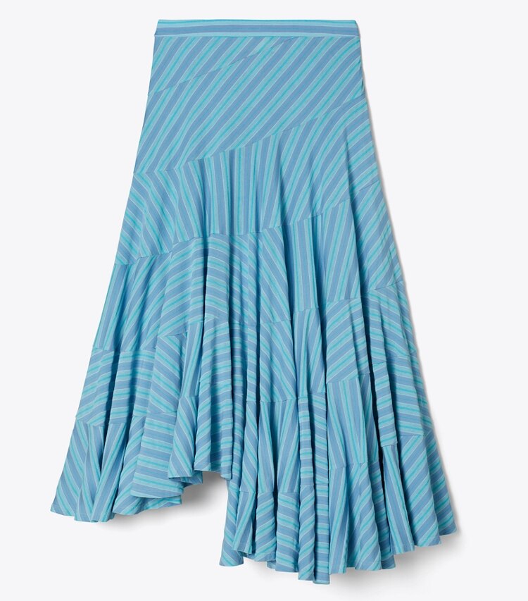 Tory Burch designer bas Jupe asymétrique en jersey in Blue Multi Striped Luxe Mercerized front