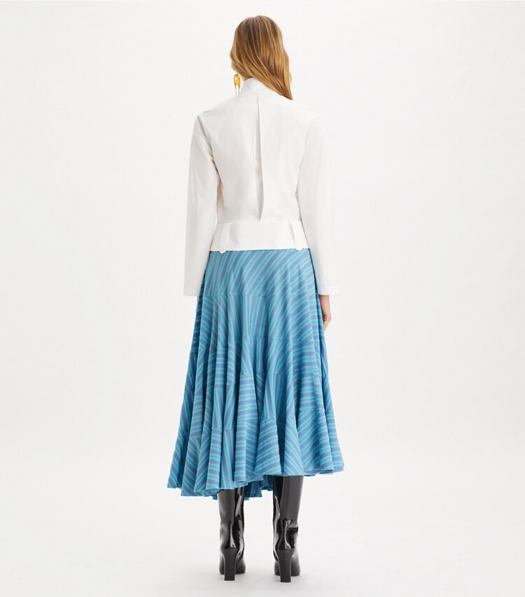 Tory Burch designer bas Jupe asymétrique en jersey in Blue Multi Striped Luxe Mercerized on model back