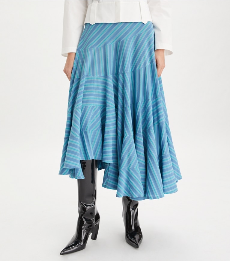 Tory Burch designer bas Jupe asymétrique en jersey in Blue Multi Striped Luxe Mercerized front