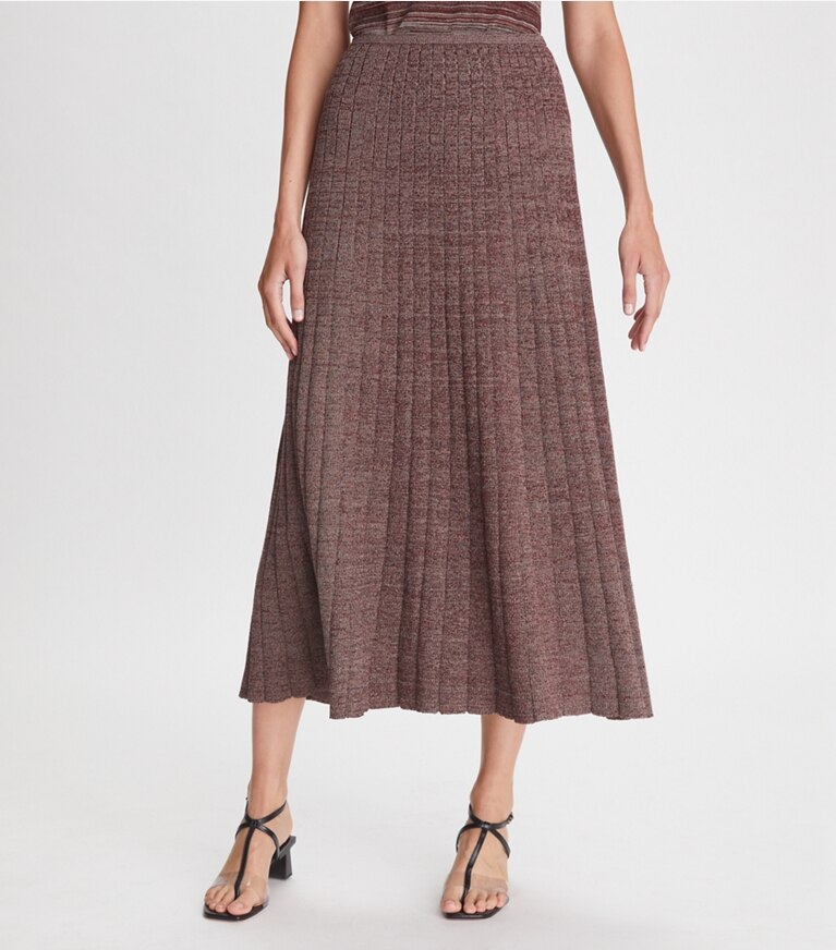 Tory Burch designer bas Jupe côtelée chinée dans Abalone Ivory / Dark Rustic Red / Black détail sur modèle
