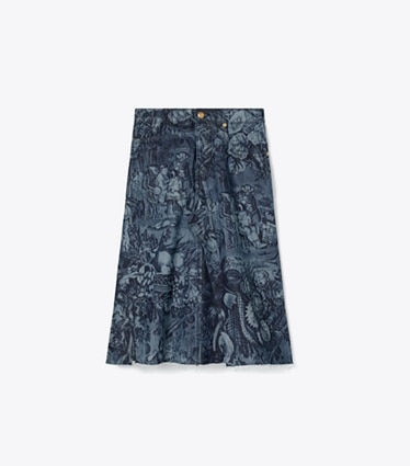 Tory Burch designer bas Jupe déstructurée en denim imprimé in Indigo Alien front
