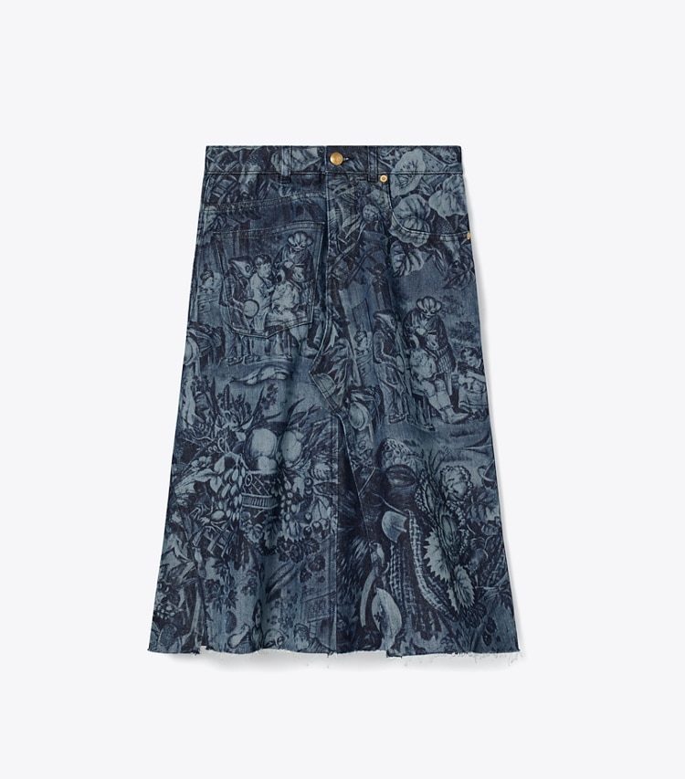 Tory Burch designer bas Jupe déstructurée en denim imprimé in Indigo Alien front