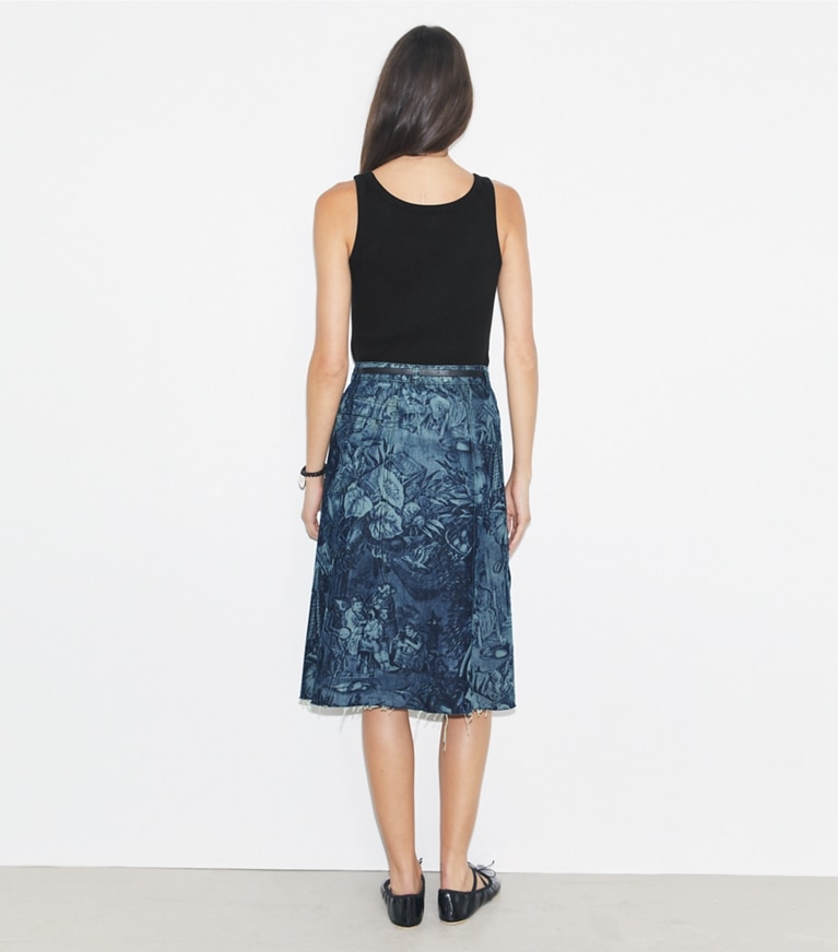 Tory Burch designer bas Jupe déstructurée en denim imprimé in Indigo Alien front