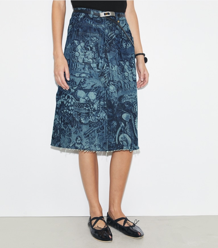 Tory Burch designer bas Jupe déstructurée en denim imprimé in Indigo Alien front