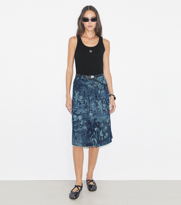 Tory Burch designer bas Jupe déstructurée en denim imprimé in Indigo Alien front