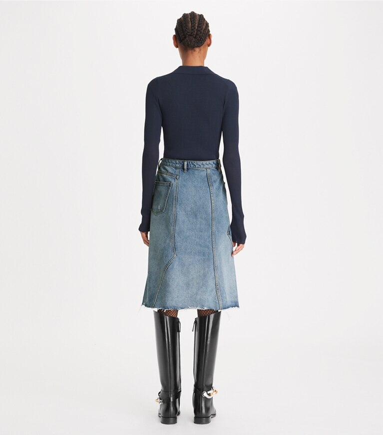 Tory Burch designer bas Jupe déstructurée en denim in Worn Vintage Wash front