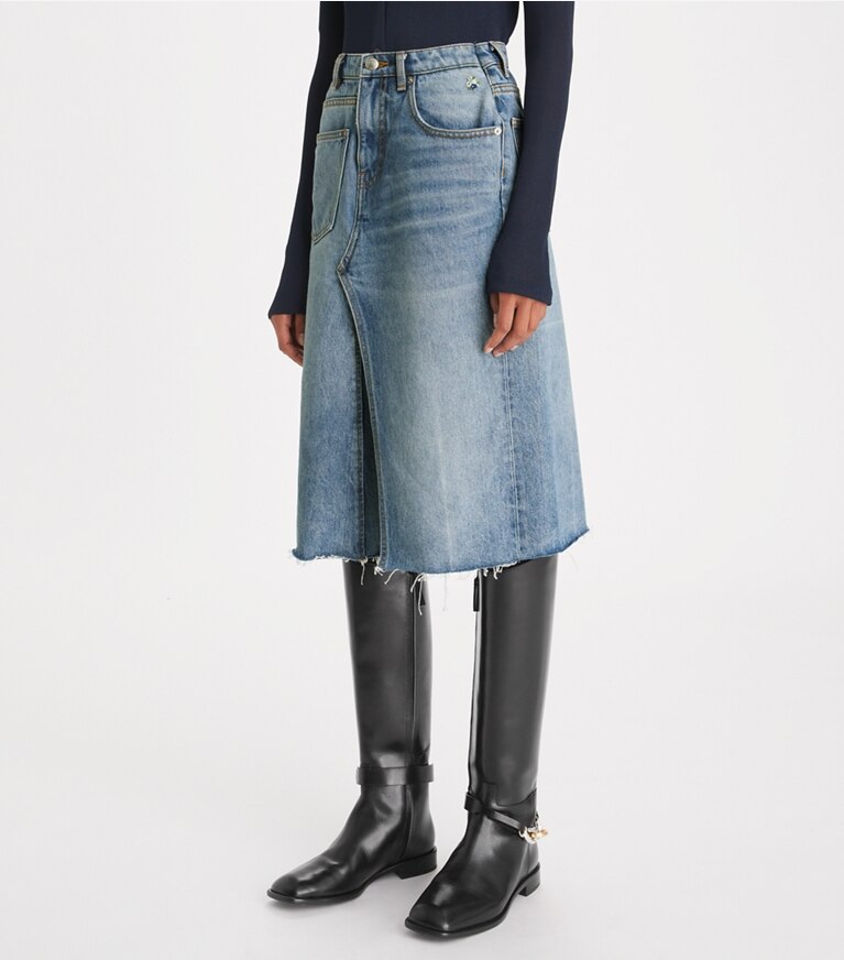 Tory Burch designer bas Jupe déstructurée en denim in Worn Vintage Wash front