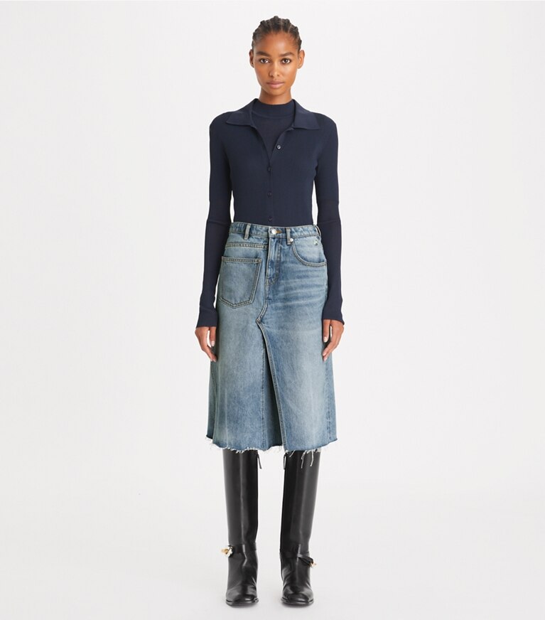Tory Burch designer bas Jupe déstructurée en denim in Worn Vintage Wash front