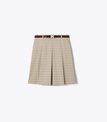 Tory Burch designer bas Jupe de golf à carreaux dans Crimson Rust Dense Plaid Sport de face