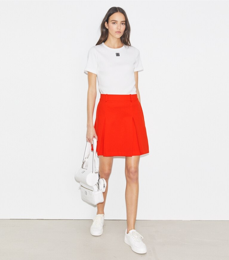Tory Burch designer bas Jupe de golf plissée en nylon in Blazing Red front