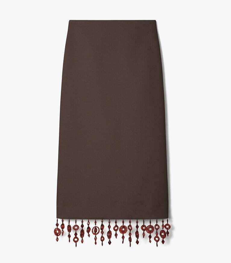 Tory Burch designer bas Jupe en crêpe ornée dans Dark Mocha de face