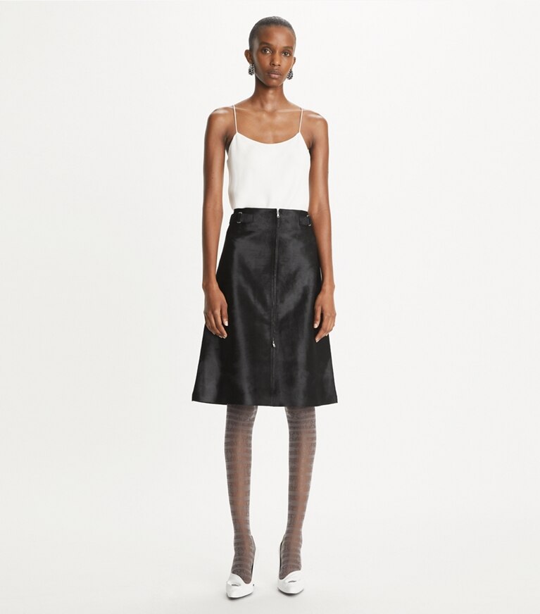 Tory Burch designer bas Jupe en cuir de veau façon poulain zippée sur le devant in Black front