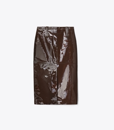 Tory Burch designer bas Jupe en cuir verni dans Brown Glace de face