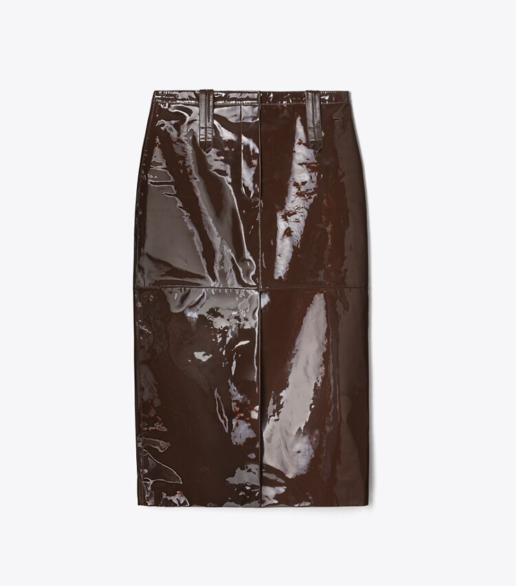Tory Burch designer bas Jupe en cuir verni dans Brown Glace de face