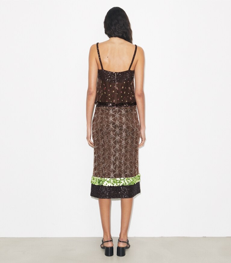 Tory Burch designer bas Jupe en dentelle et broderies in Coffee on model back