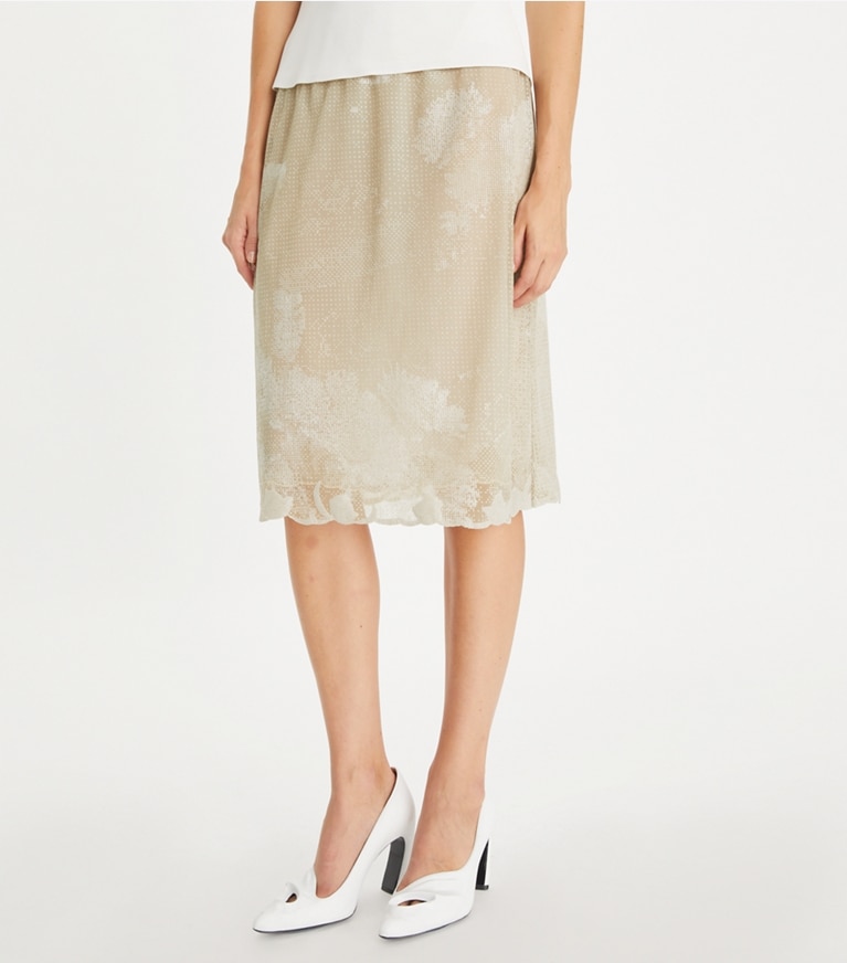 Tory Burch designer bas Jupe en mesh jersey à ornements in Toasted Biscuit front