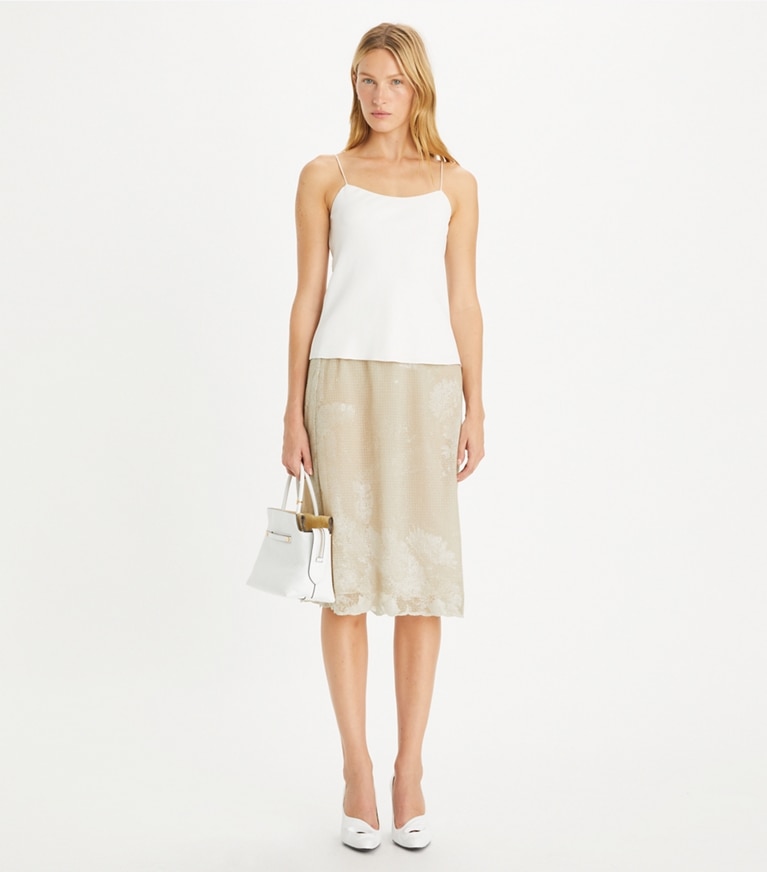 Tory Burch designer bas Jupe en mesh jersey à ornements in Toasted Biscuit front