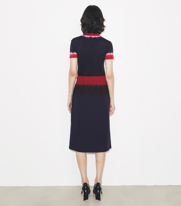 Tory Burch designer bas Jupe en popeline dans Medium Navy / Red sur modèle, de dos
