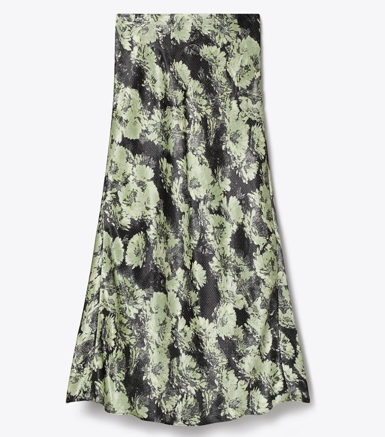 Tory Burch designer bas Jupe en satin imprimé in Green Pixel Floral front