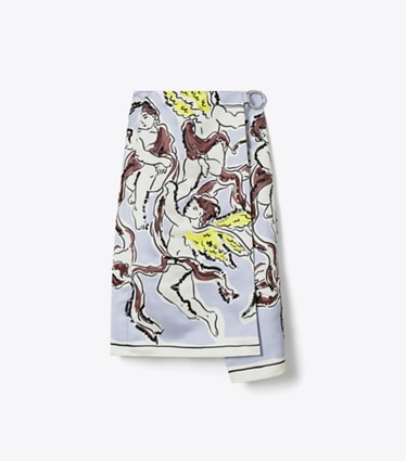 Tory Burch designer bas Jupe en satin imprimé in Lilac Cherubs front