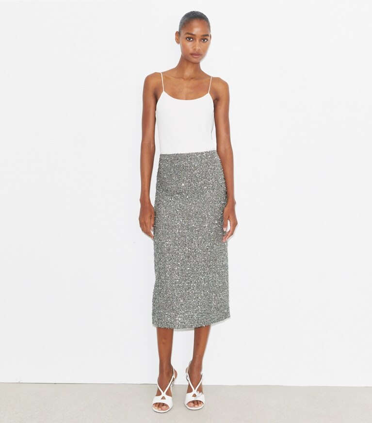 Tory Burch designer bas Jupe en tweed dans Metallic Silver supplémentaire sur le modèle