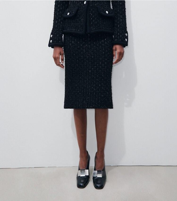 Tory Burch designer bas Jupe en tweed métallisé dans Black Multi détail sur modèle