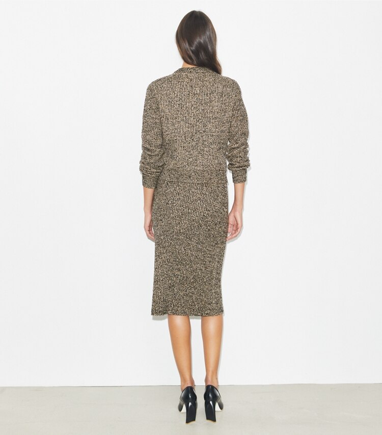 Tory Burch designer bas Jupe en tweed in Black White Multi / Oatmeal Melange on model back