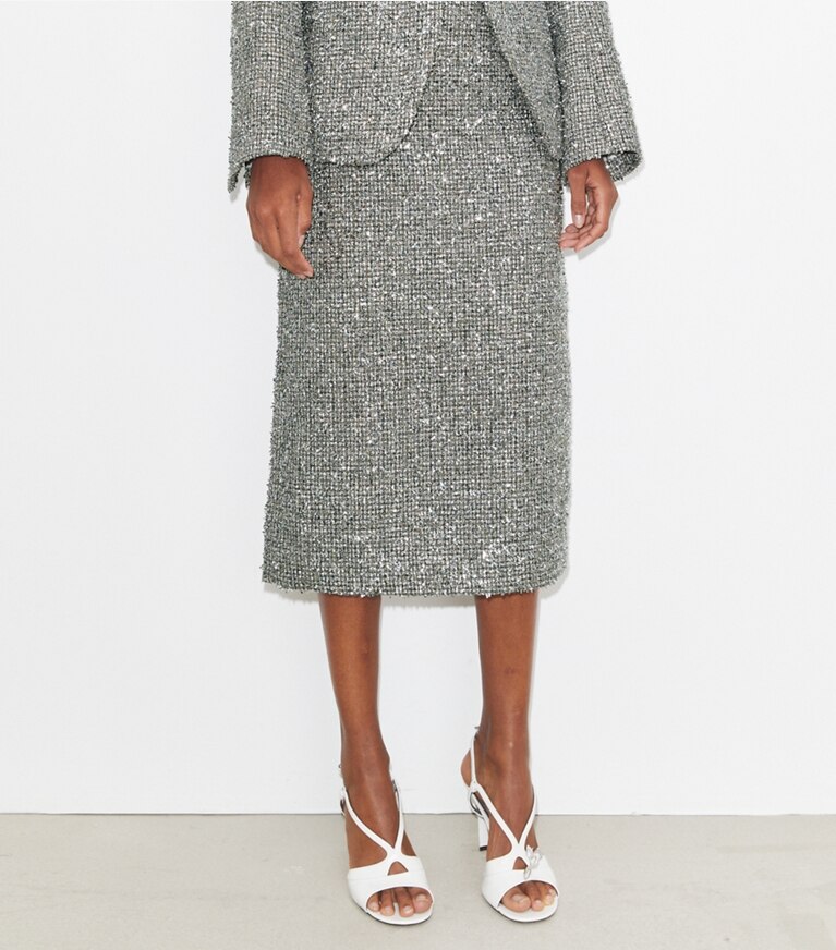 Tory Burch designer bas Jupe en tweed dans Metallic Silver détail sur modèle