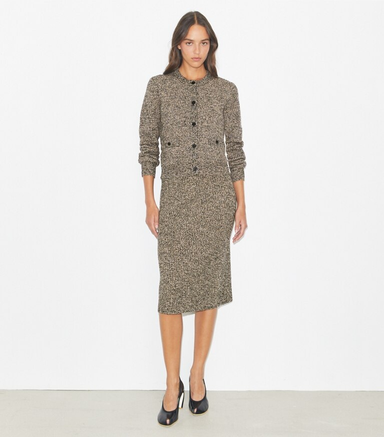 Tory Burch designer bas Jupe en tweed in Black White Multi / Oatmeal Melange front