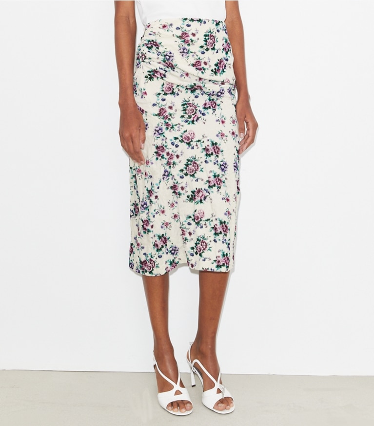 Tory Burch designer bas Jupe en velours de coton imprimée in Purple Floral front
