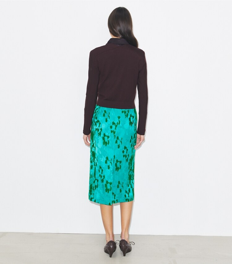 Tory Burch designer bas Jupe en viscose jacquard dans Emerald sur modèle, de dos