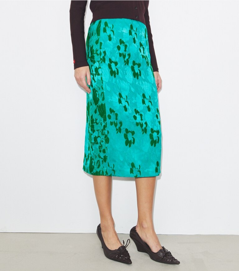 Tory Burch designer bas Jupe en viscose jacquard dans Emerald détail sur modèle