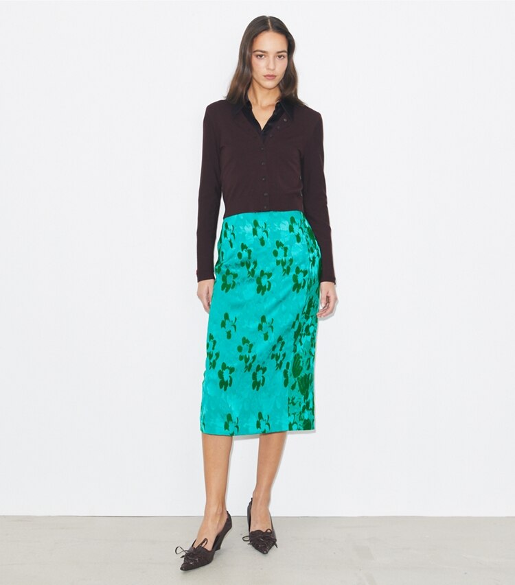 Tory Burch designer bas Jupe en viscose jacquard dans Emerald sur modèle, de face
