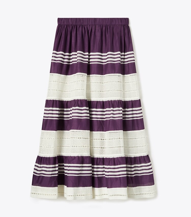 Tory Burch designer paréos Jupe midi en coton rayé dans Deep Purple de face