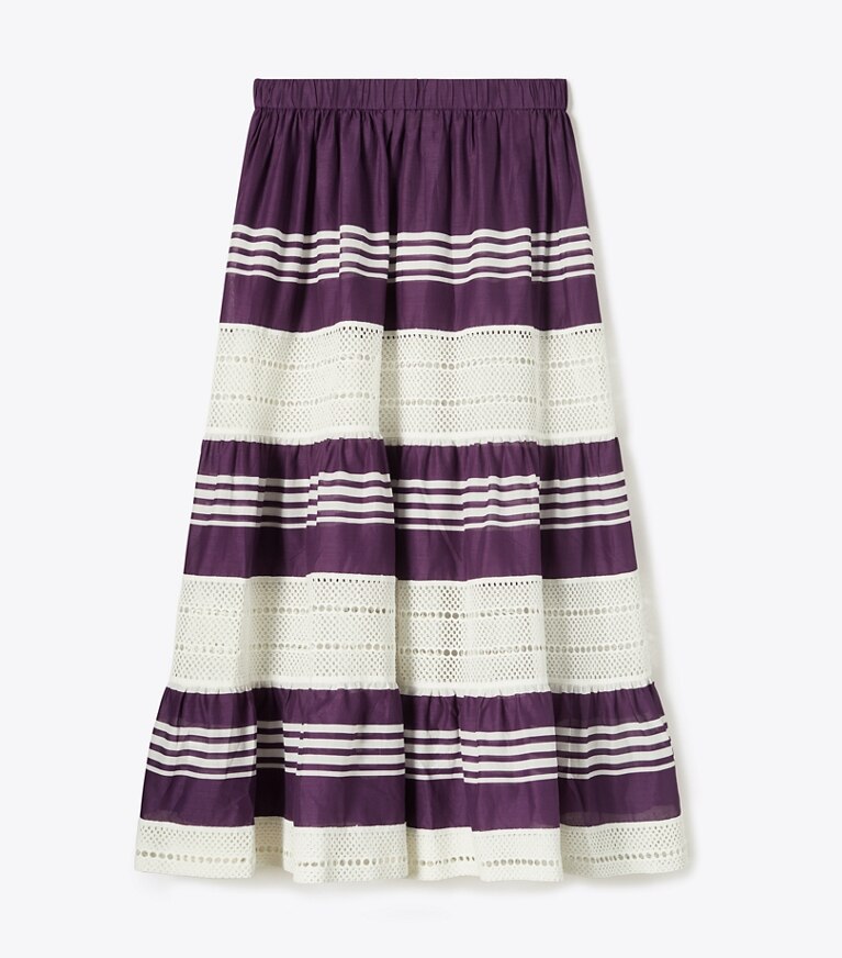 Tory Burch designer paréos Jupe midi en coton rayé dans Deep Purple de face