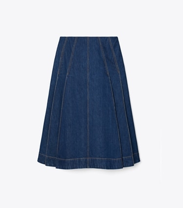 Tory Burch designer bas Jupe plissée en jean in Dark Vintage Wash front