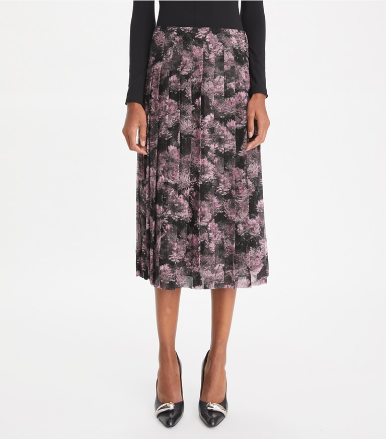 Tory Burch designer bas Jupe plissée en soie imprimée in Pink Pixel Floral front